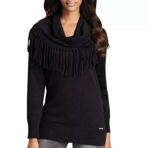 MICHAEL KORS Black Fringe Cowl Neck Knit Sweater Size Large